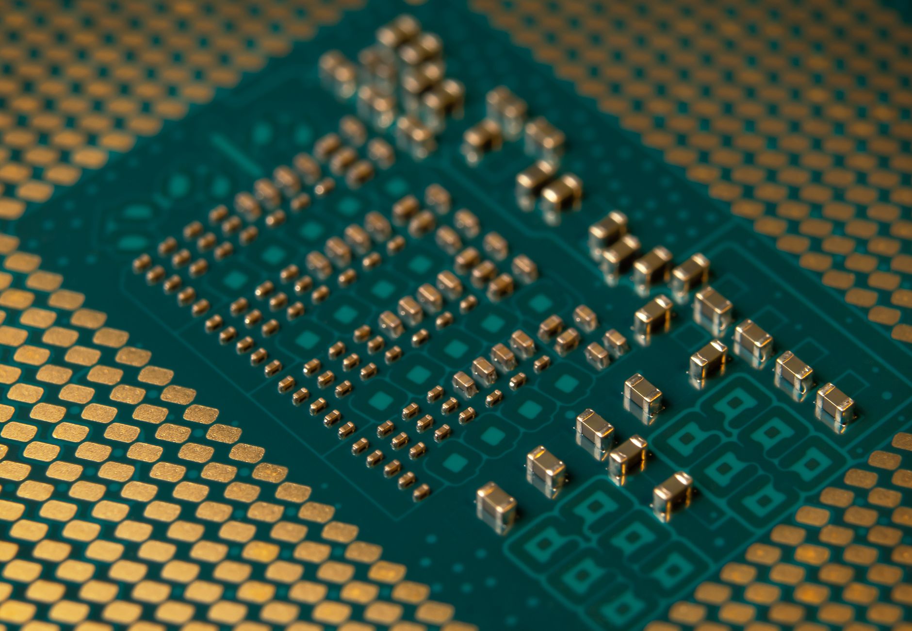 Detailed close-up of a microprocessor circuit board showcasing intricate circuitry and components.