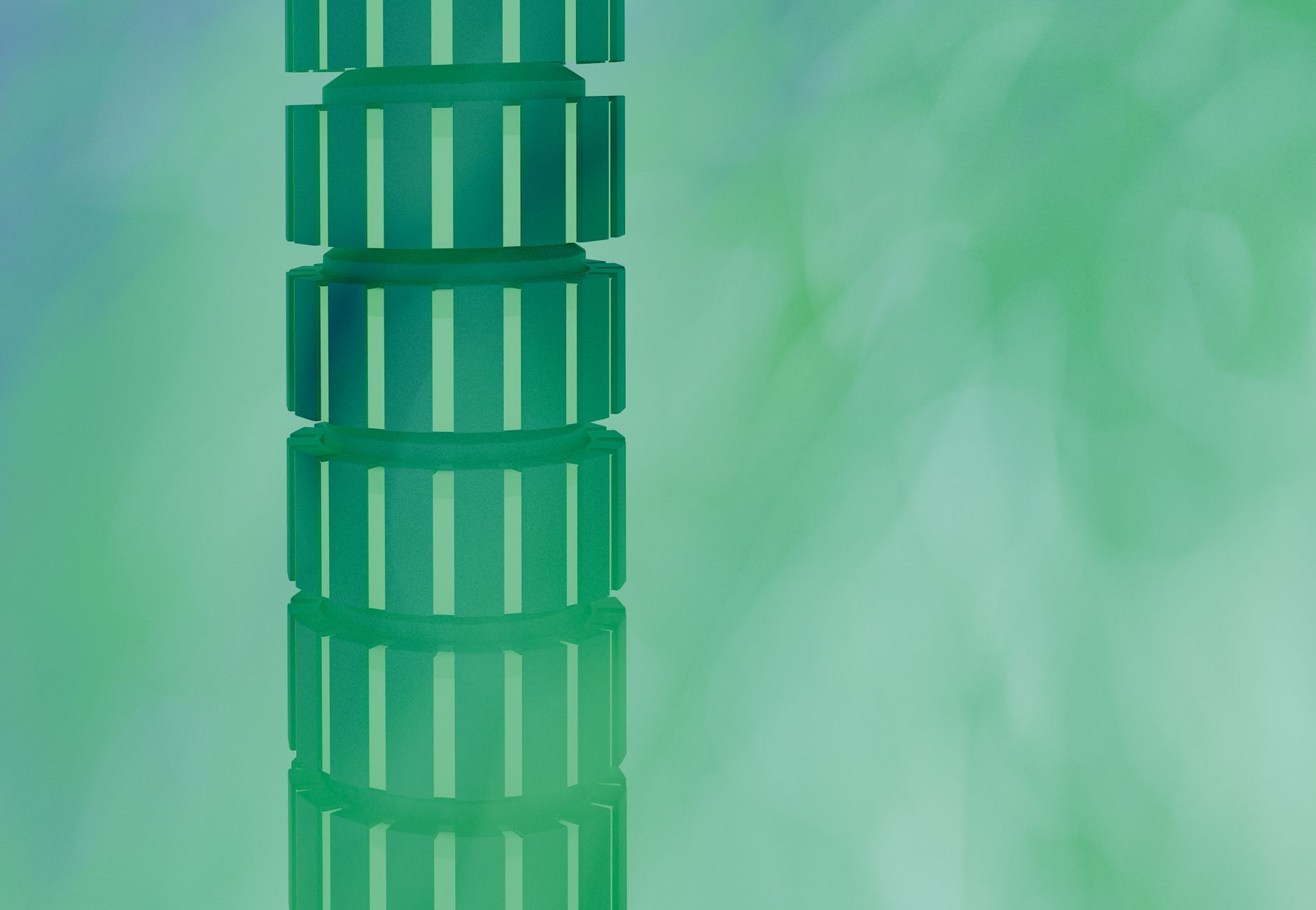 Abstract 3D rendering of a vertical green geometric pattern on a textured background.