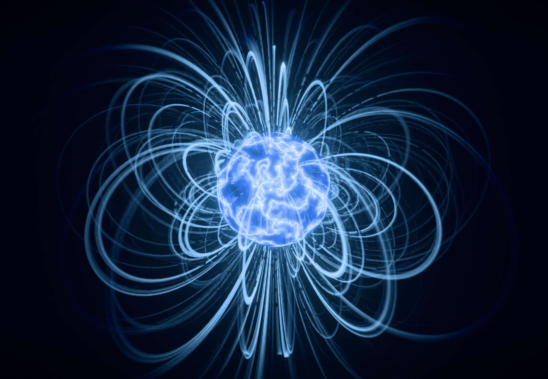Abstract visualization of blue magnetic field lines surrounding a glowing sphere.