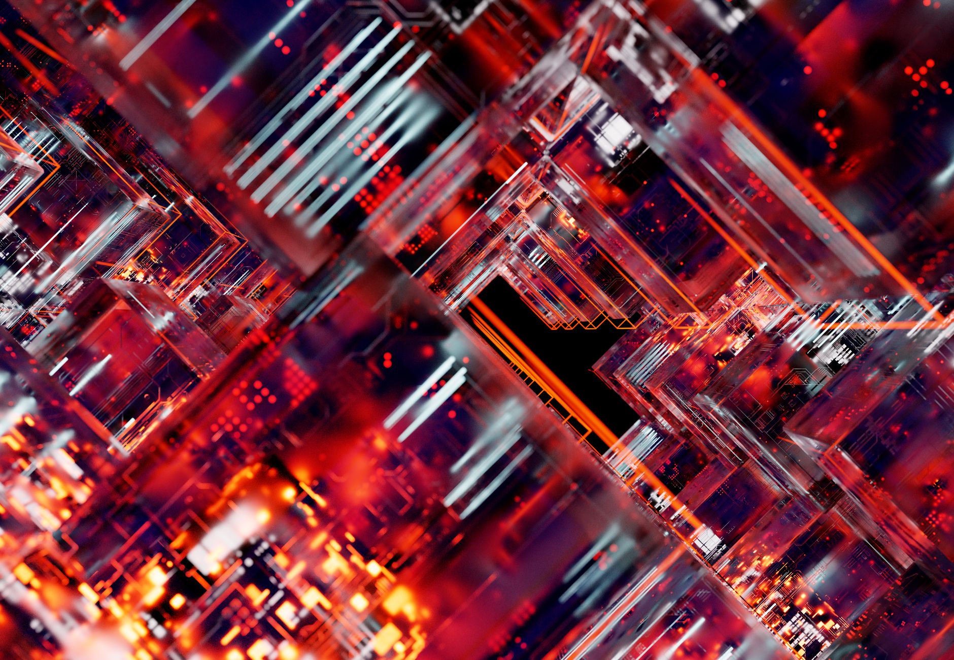 Futuristic abstract image of a digital circuit with glowing lights.